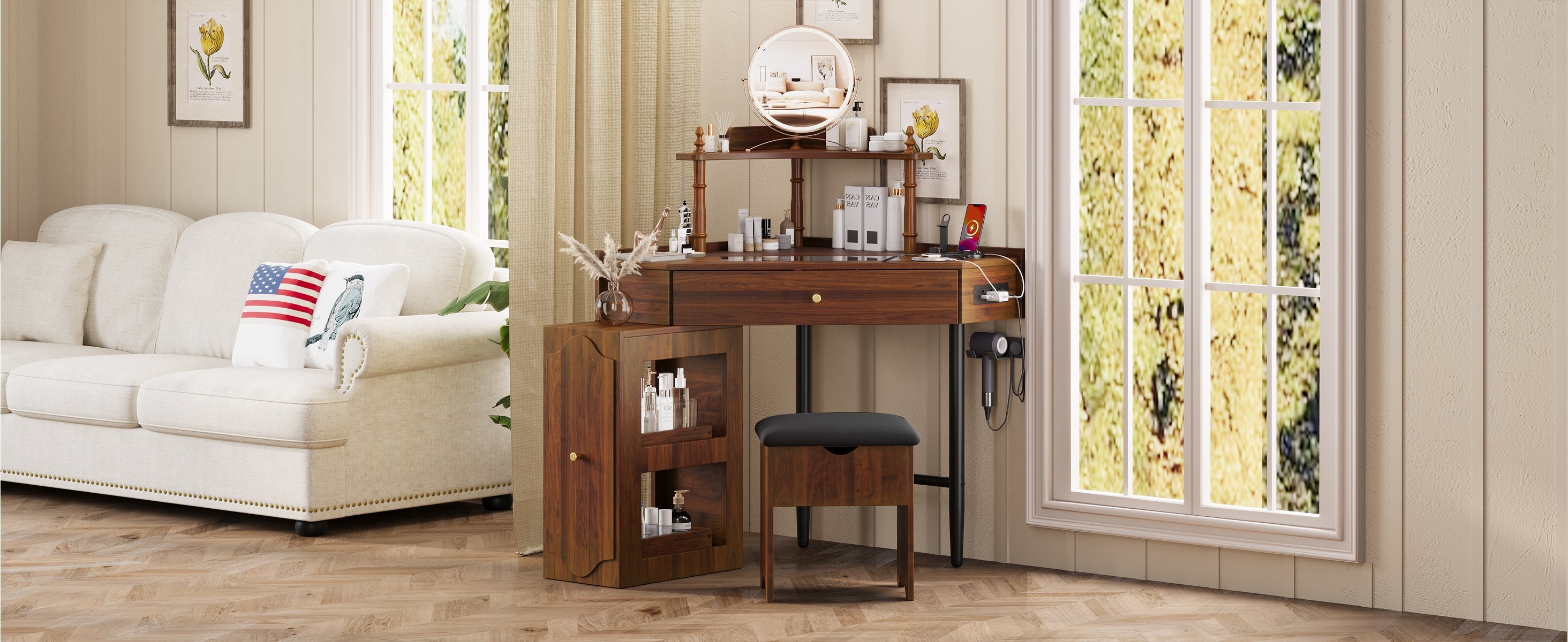 Corner Vanity Desk Set with Storage Cushioned Stool and Charging Station, Triangle Makeup Desk with Removable Pull-Out Side Cabinet, Glass Tabletop Makeup Vanity Desk with Drawer and Shelf, Walnut