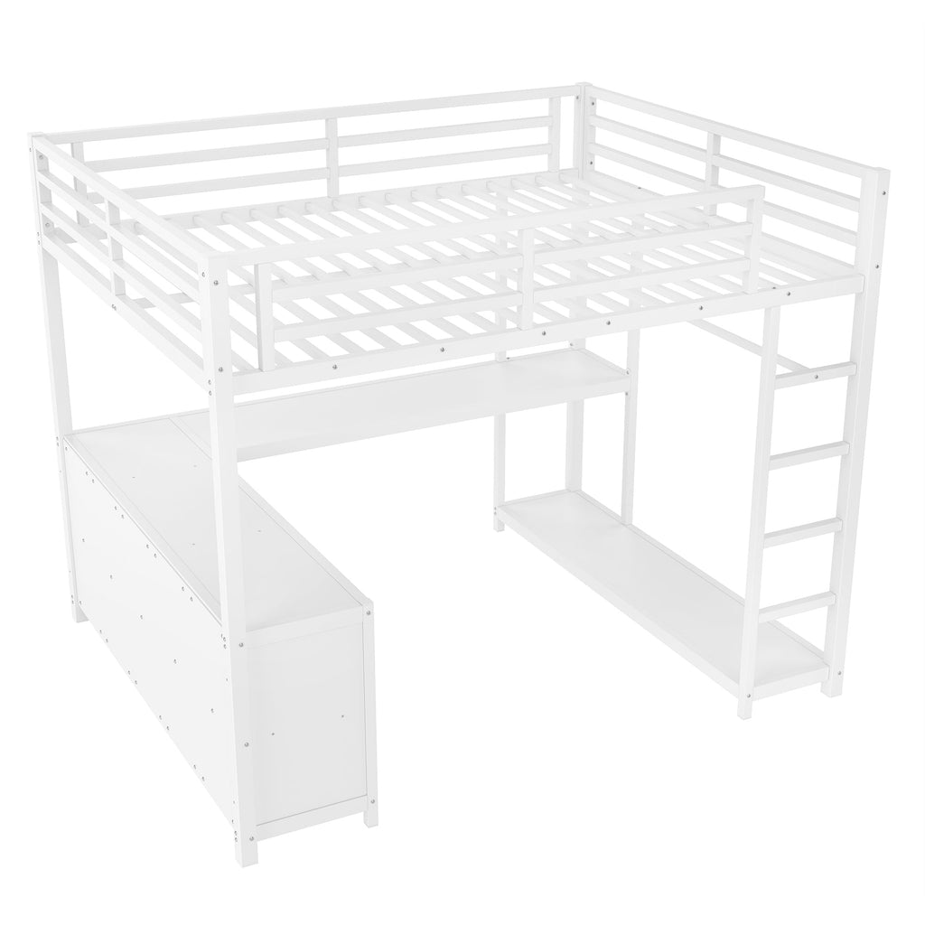 Metal Loft Bed with Wardrobe and L-shaped Desk, Queen Size Loft Bed with Storage Cubes and Shelves, Loft Bed for Kids Teens Adults, White