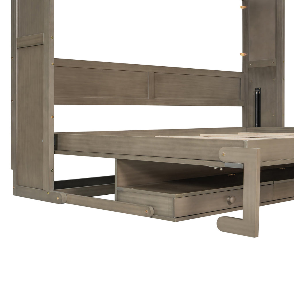 Queen Size Wall Murphy Bed with Storage, Foldable Cabinet Bed with Vanity Desk, Center Mirror & 2 Side Drawers, Distressed Gray