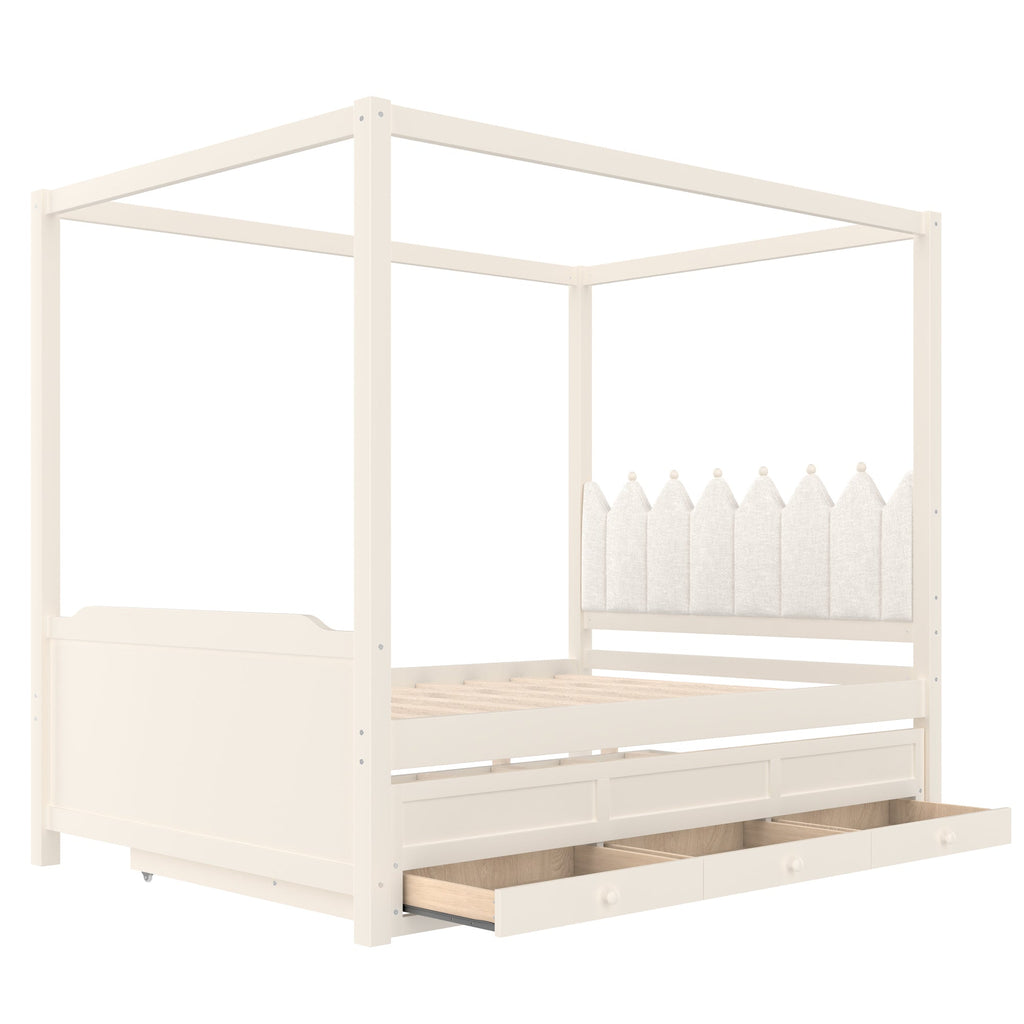 Full Platform Bed with Upholstered Headboard,Twin Size Trundle and 3 Drawers,Princess Canopy Bed Frame for Kids,Storage & Easy Assembly,Beige.