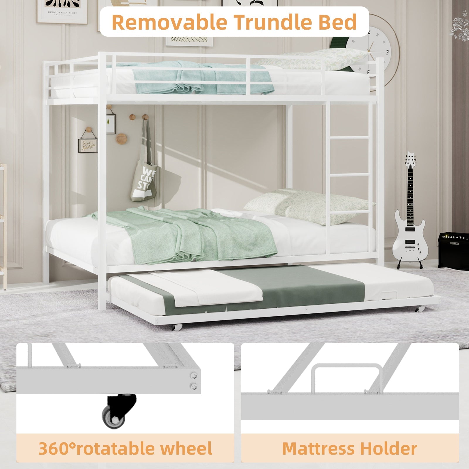 Durable Square Tube Iron Bunk Bed Featuring Safety Rails, Modern Minimalist Look, Ideal for Kids Room, Guest Room or Shared Space, Easy Assembly & Long - Lasting Performance-Full size: 137cm × 190cm