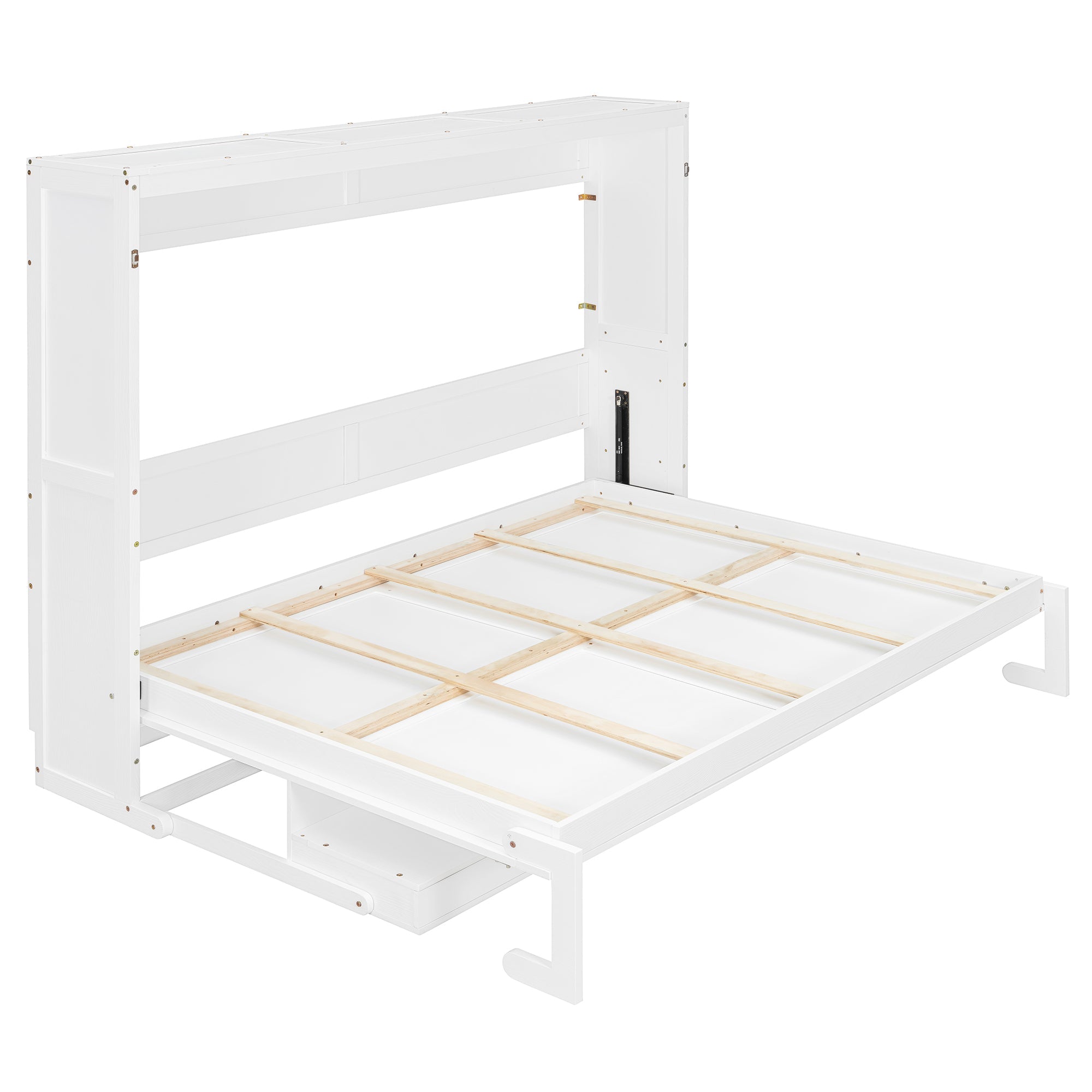 Queen Size Wall Murphy Bed with Storage, Foldable Cabinet Bed with Vanity Desk, Center Mirror & 2 Side Drawers, White