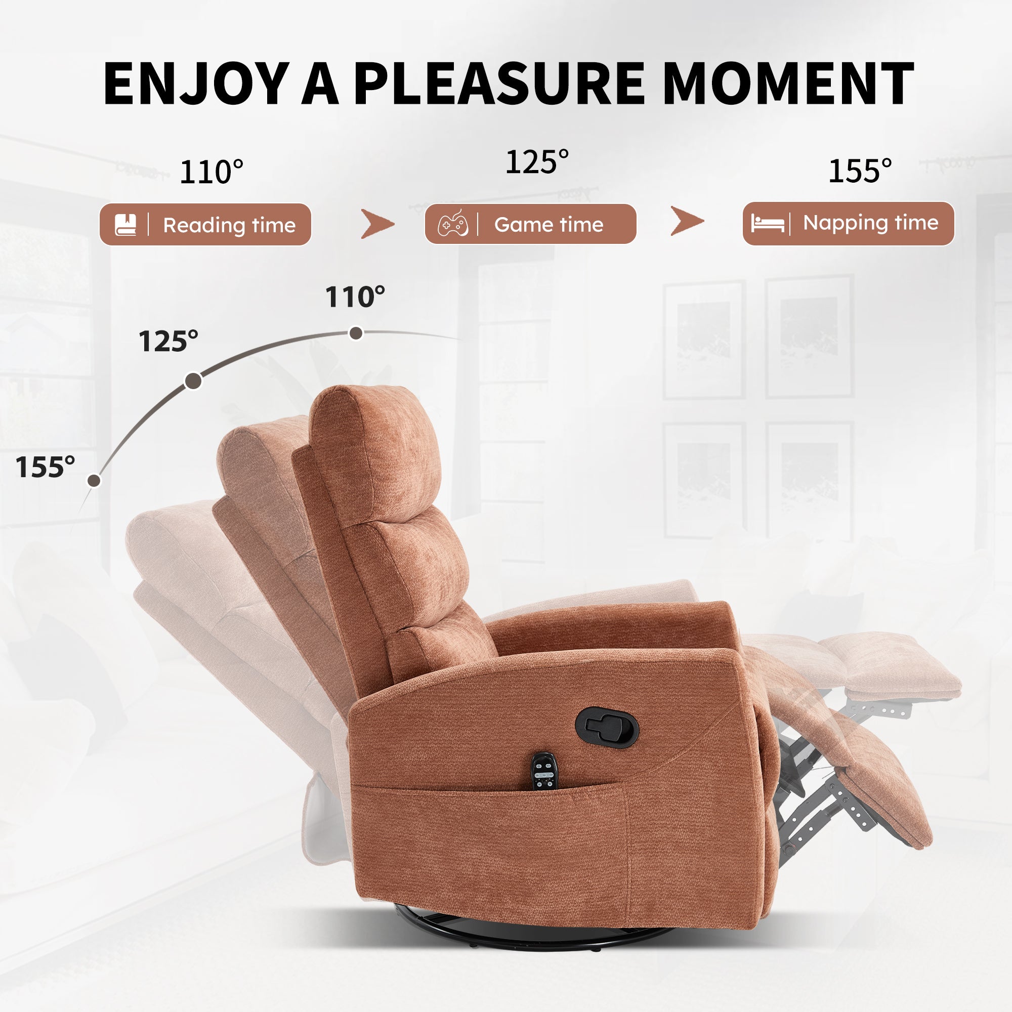 Heat Massage Manual Recliner Chair with Rocker and Swivel in Fabric for Living Room, Orange