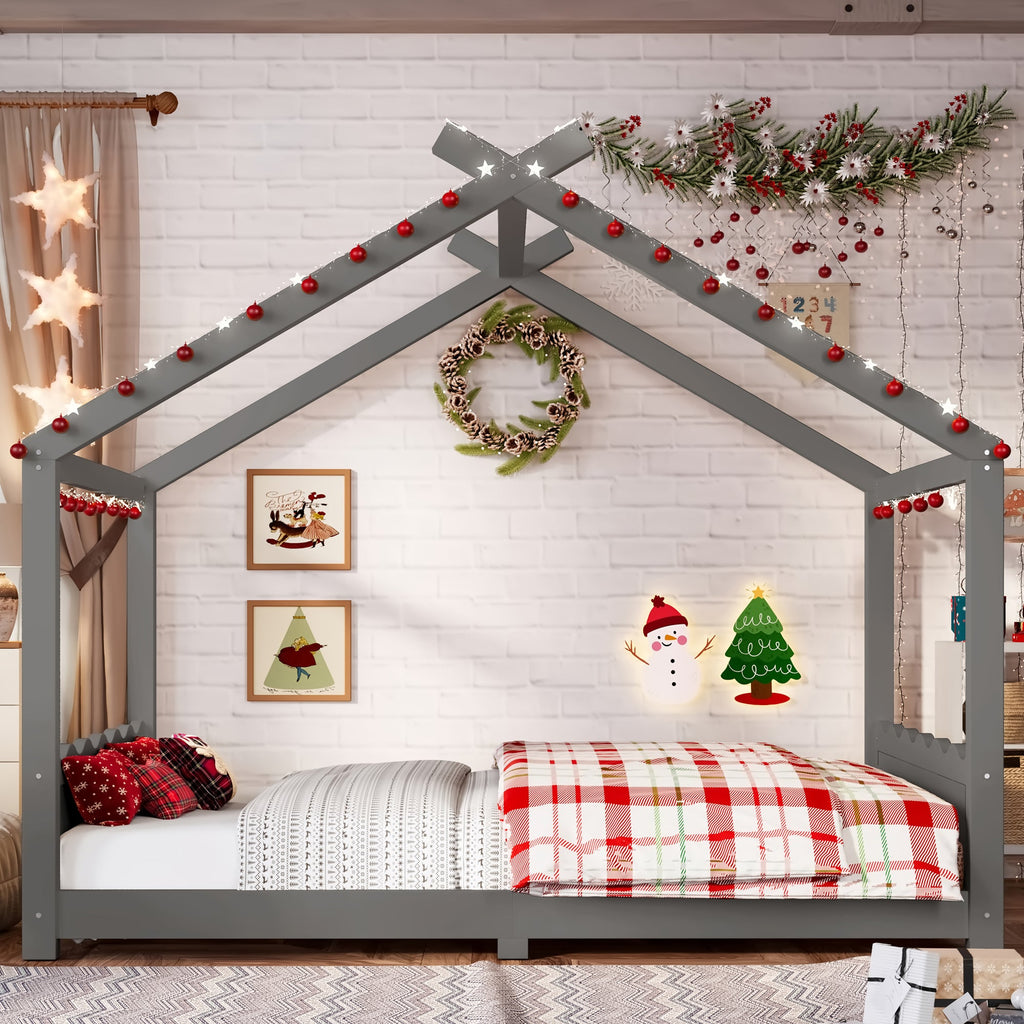 Full House Floor Bed with Support Slats, Solid Wood House Bed Frame for Kids, No Box Spring Needed and Opening Constructure, Gray