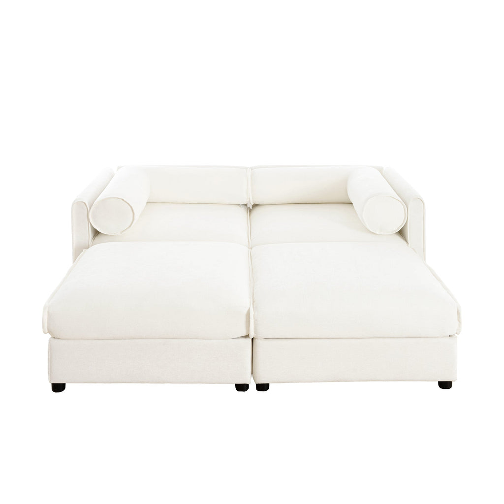 Stylish White Chenille 2-Seater Sofa with 2 Ottoman Storage Seat, Cylindrical Backrest and Armrests, Modern Fabric Loveseat Featuring Hidden Storage Space