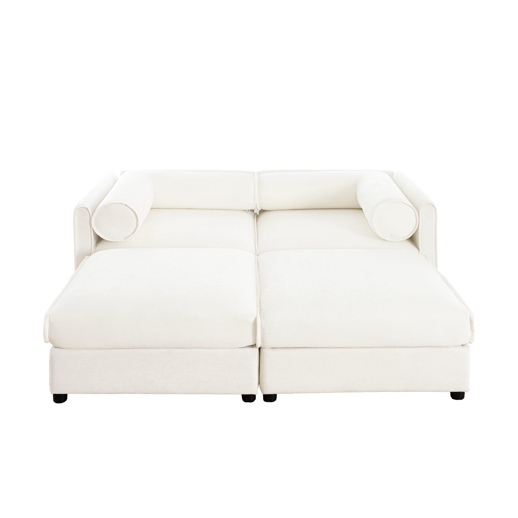 Stylish White Chenille 2-Seater Sofa with 2 Ottoman Storage Seat, Cylindrical Backrest and Armrests, Modern Fabric Loveseat Featuring Hidden Storage Space