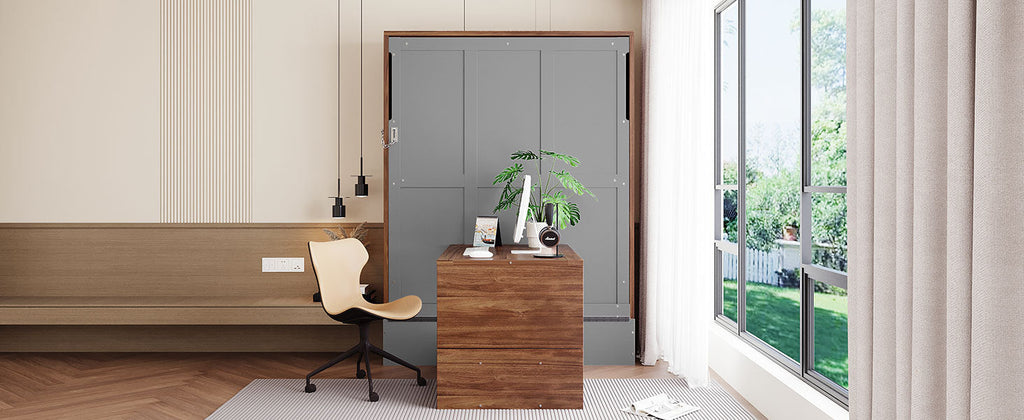 Full Size Murphy Bed with Foldable Desk – Space Saving Wall Bed - Walnut & Gray