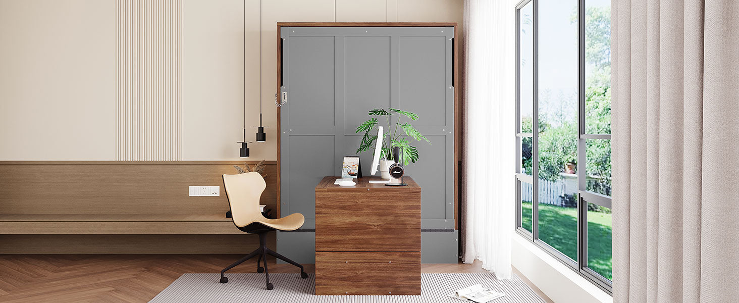 Full Size Murphy Bed with Foldable Desk – Space Saving Wall Bed - Walnut & Gray