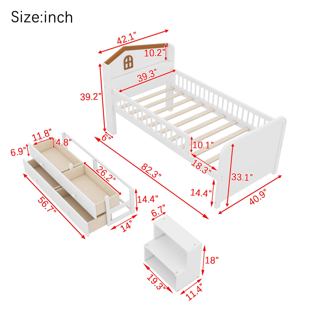 Low Loft Bed with LED Lights, Wooden Twin Loft Bed with House Shape Headboard, Kids Loft Bed with Storage Drawers, White (Expect Arrival Date 2025/1/20)