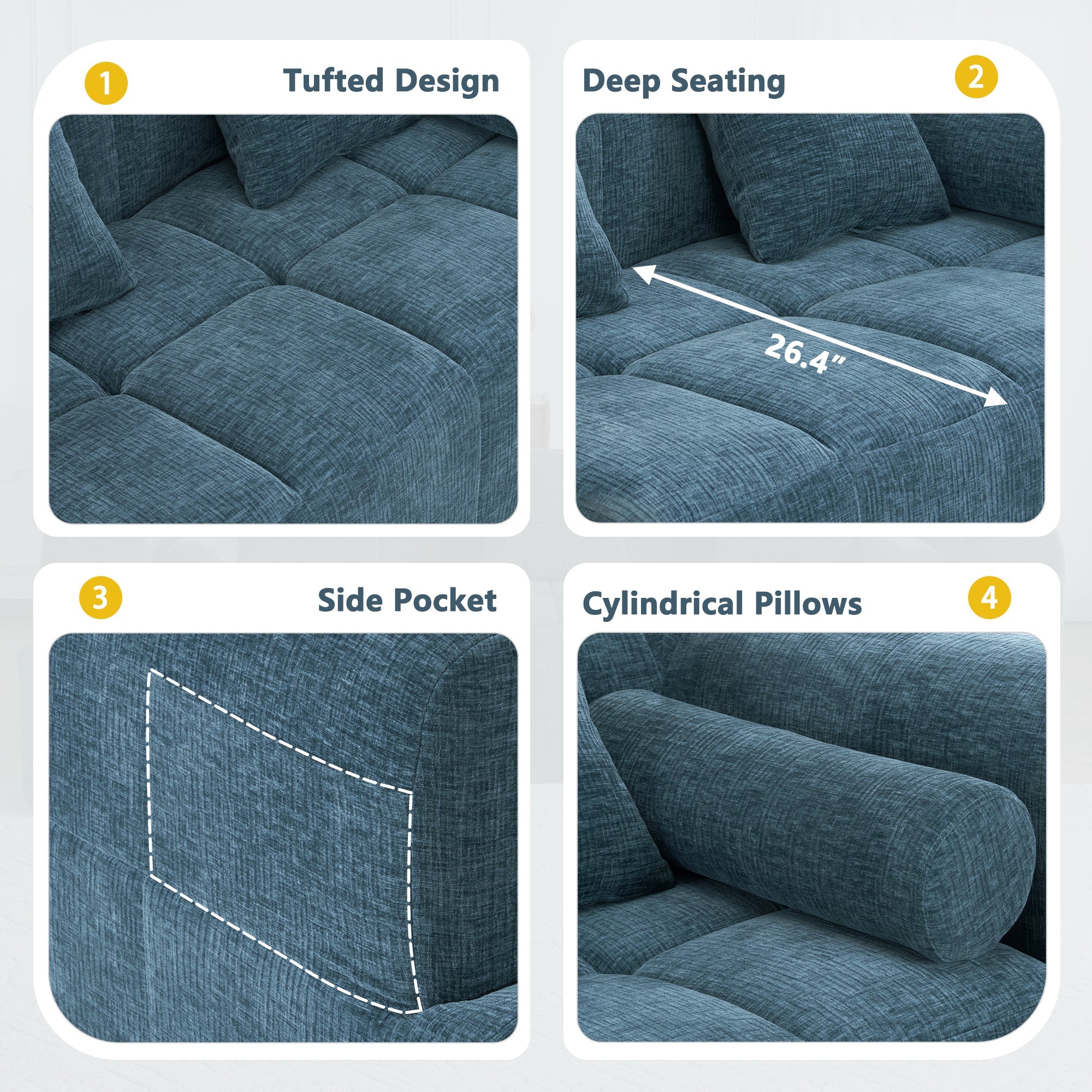Modern Modular Sofa with Deep Seating, Two Side Pockets, and Plush Pillows in Blue Chenille Fabric, 101.2'