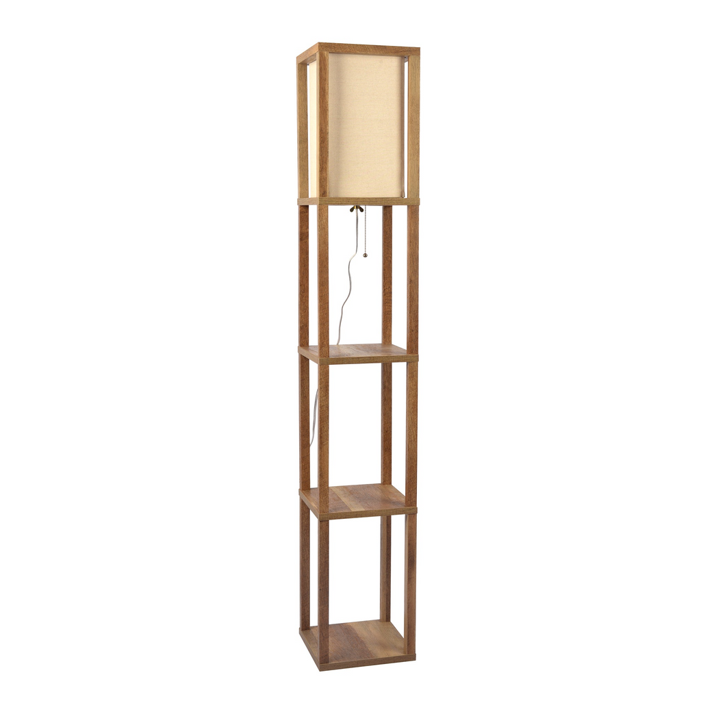 Pinnacle Shelf Floor Lamp For Bedroom/Living Room, Natural Wood with Long Shade