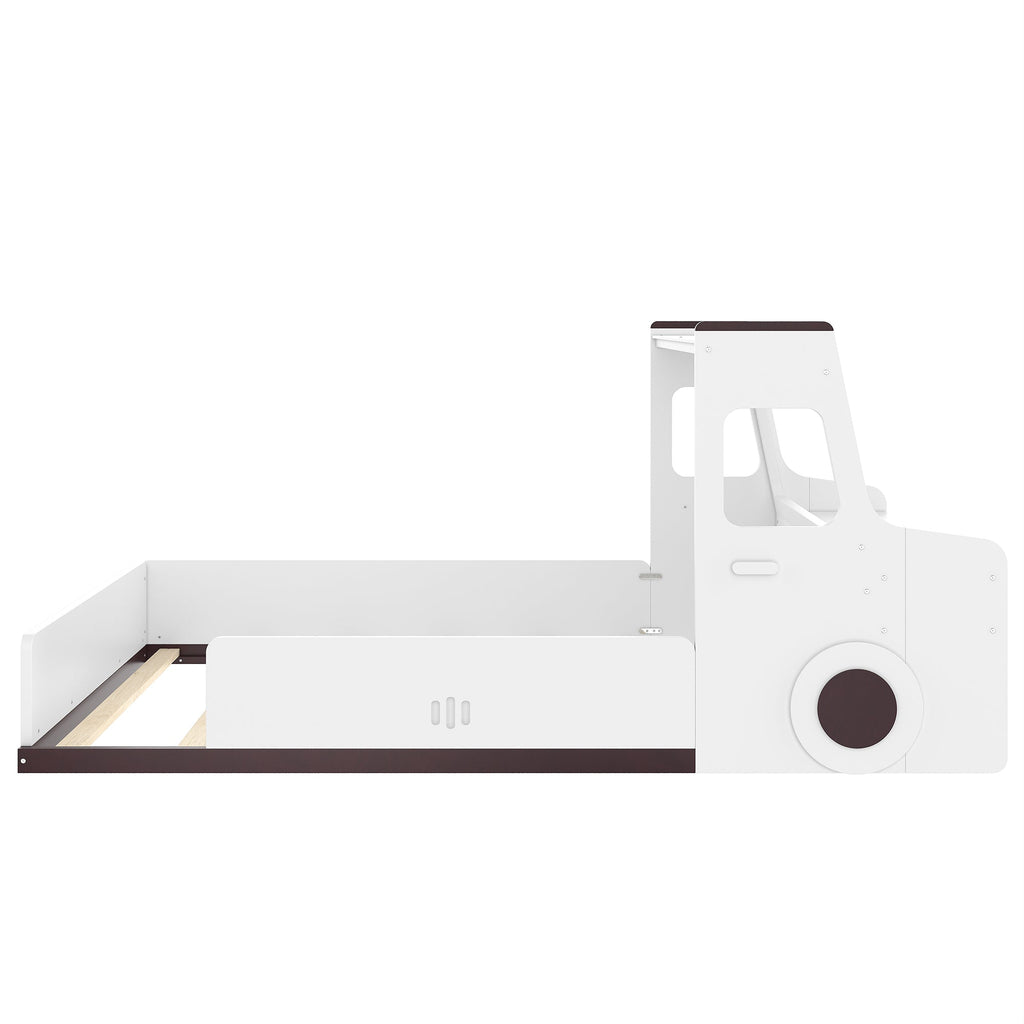Full Size Floor Bed with Interesting Car-shape Design, Kids Car Floor Bed with Storage Drawers, Window, and Desk, Childlike Design, White