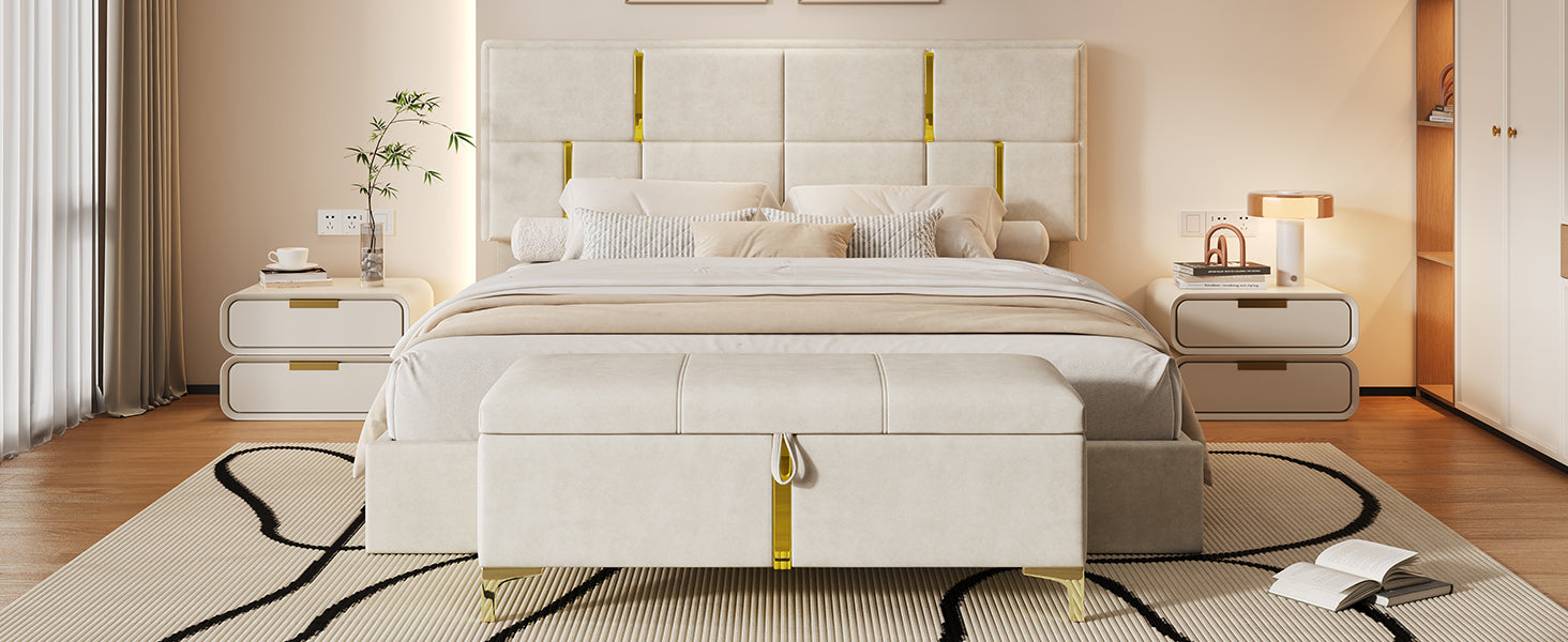 2-Pieces Bedroom Sets,Queen Size Upholstered Platform Bed with Hydraulic Storage System,Storage Ottoman with Metal Legs,Beige(Old SKU:N733S207778A)