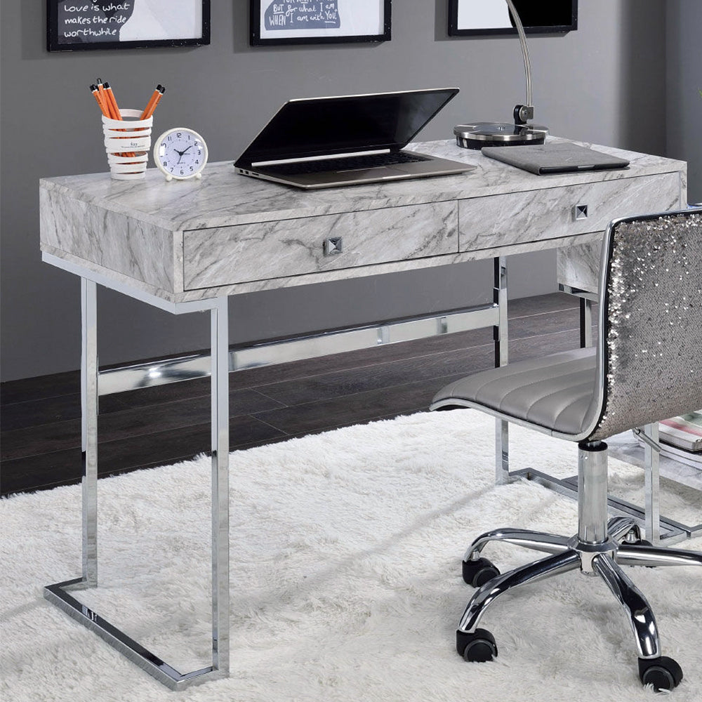 Rectangular Writing Desk with 2 Drawers, White Engineered Stone Top and Chrome