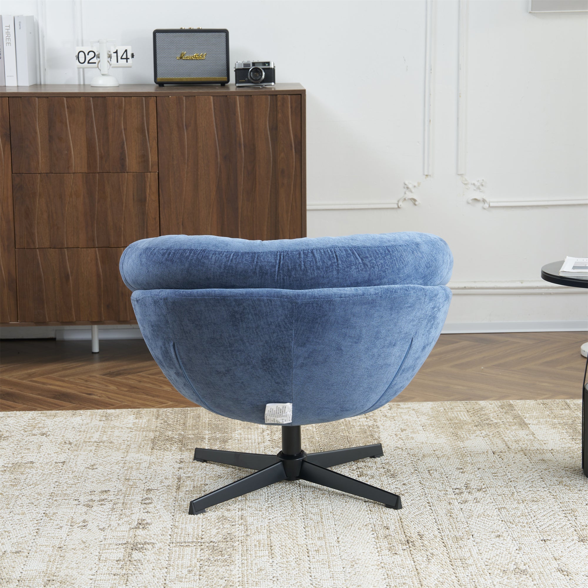 Modern Chenille Office Chair, 360° Swivel Accent Chair with Removable Cushion, Round Office Chair, Black Metal Base, Cotton Material, Living Room, Bedroom, Reading Corner, Office (Navy Blue)