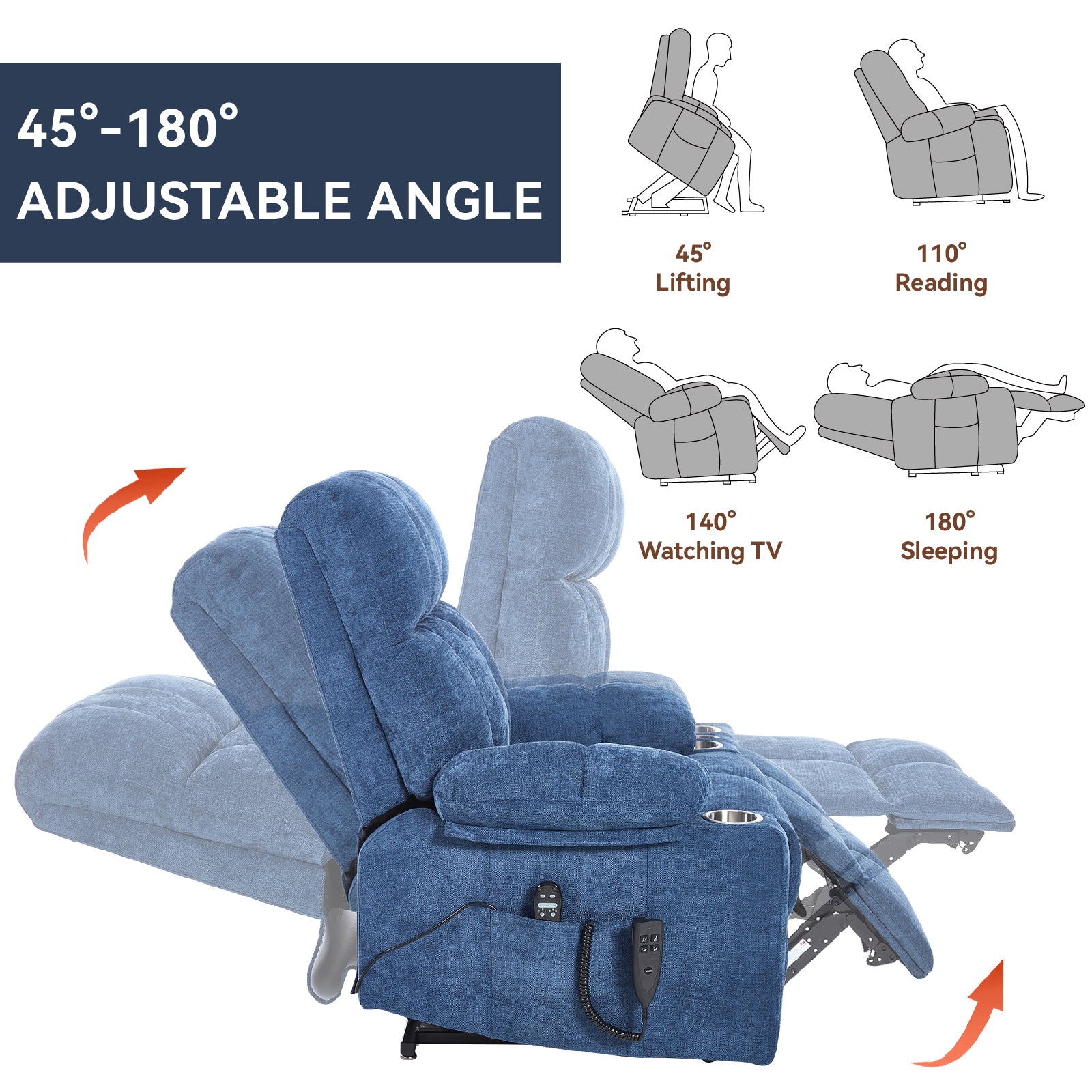 Blue Dual Motor Infinite Position Up to 350 LBS Chenille Power Lift Recliner Chair, Heavy Duty Motion Mechanism with 8-Point Vibration Massage and Lumbar Heating, Dual Cup Holders