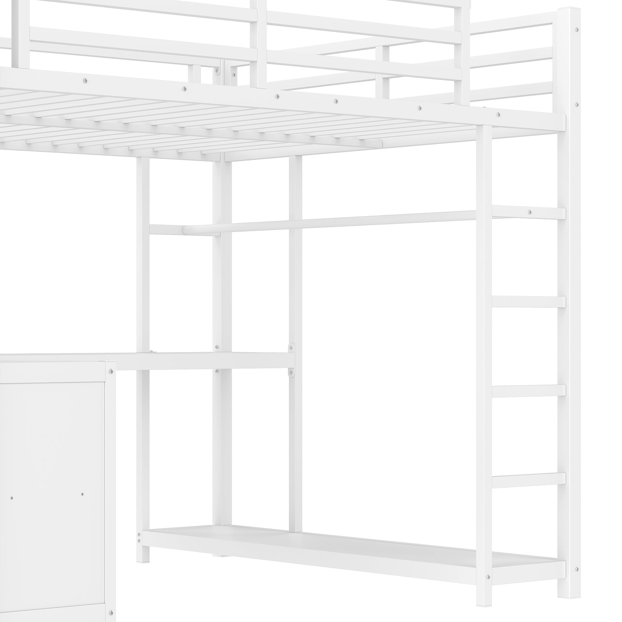 Metal Loft Bed with Wardrobe and L-shaped Desk, Queen Size Loft Bed with Storage Cubes and Shelves, Loft Bed for Kids Teens Adults, White