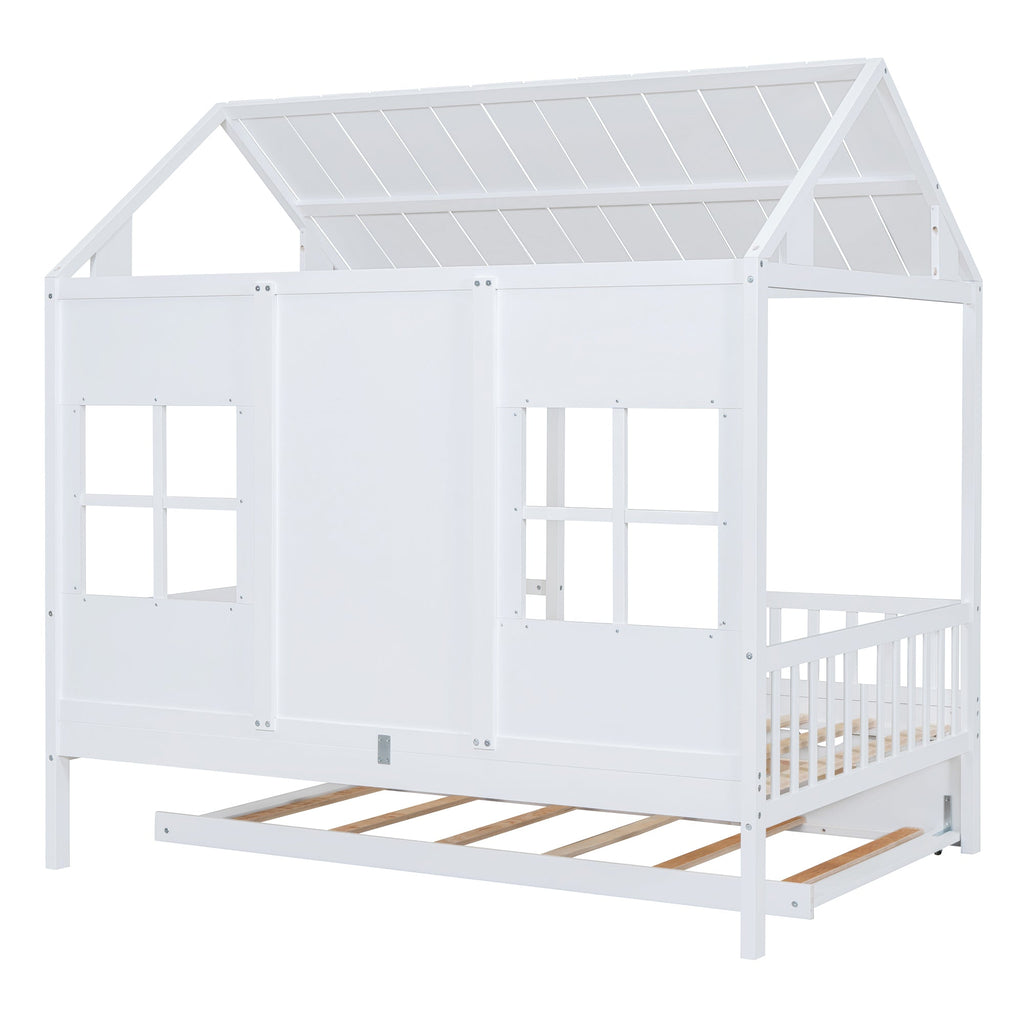 Full Size Wood House Bed With Twin Size Trundle, Wooden Daybed, White