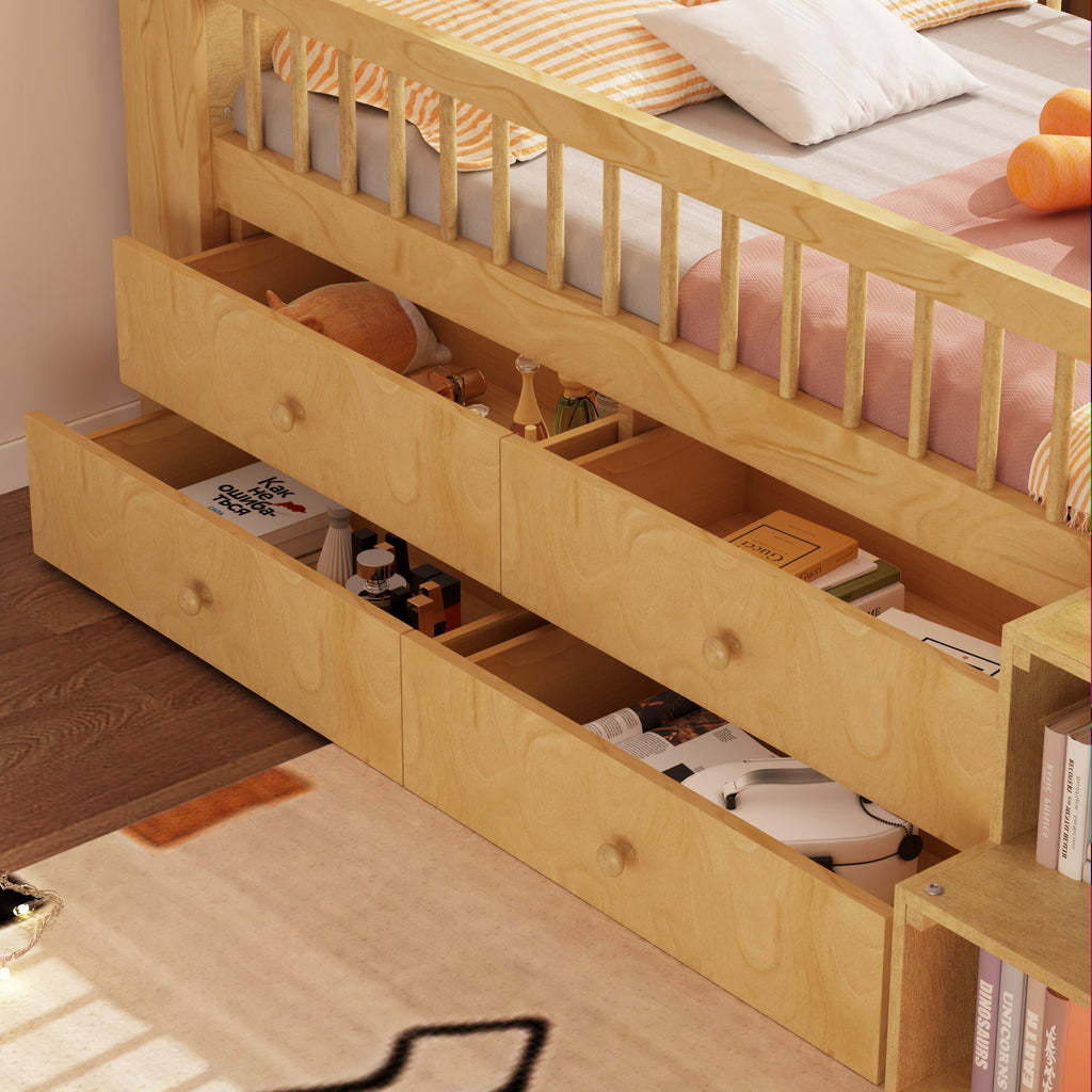 Low Loft Bed with LED Lights, Wooden Twin Loft Bed with House Shape Headboard, Kids Loft Bed with Storage Drawers, Natural (Expect Arrival Date 2025/1/20)