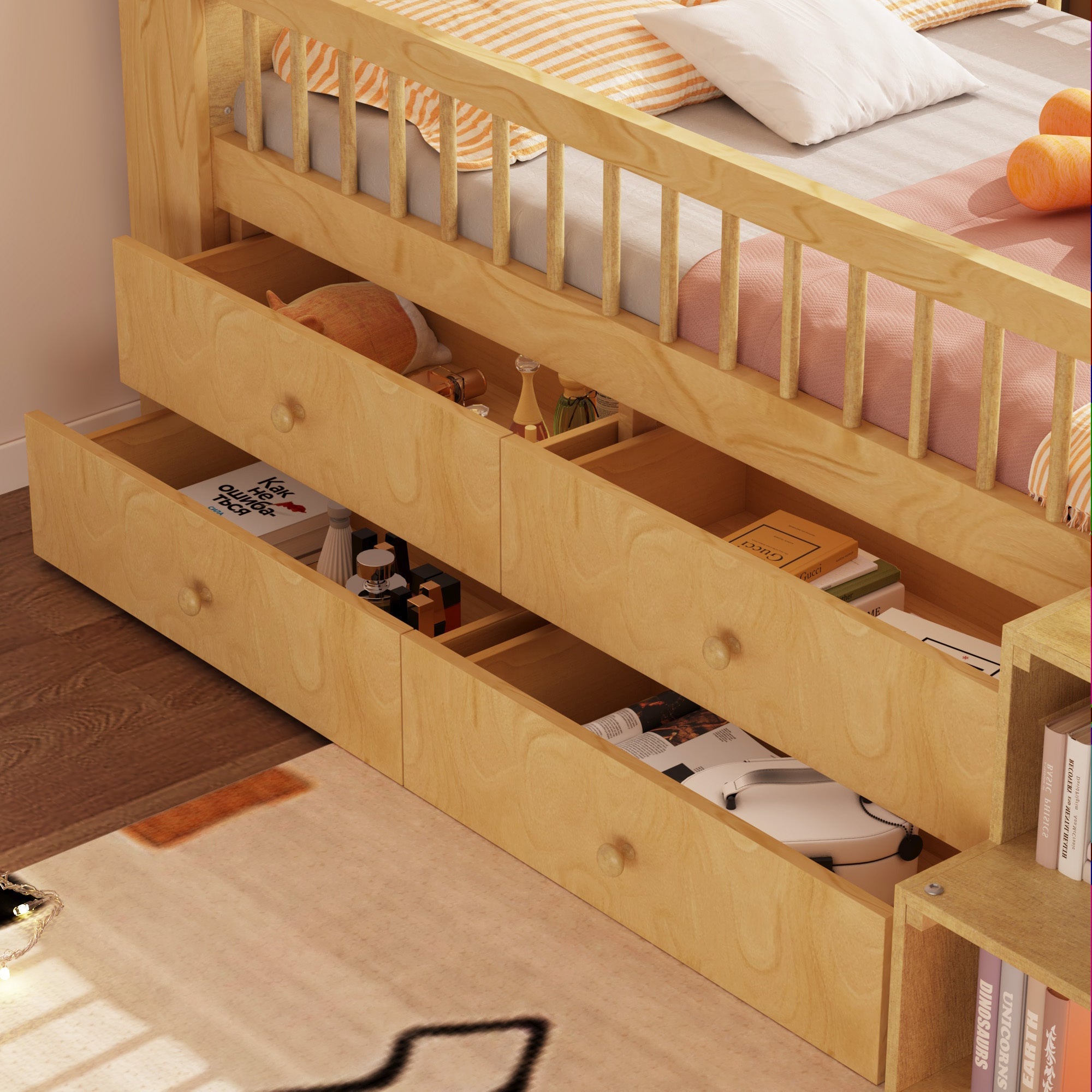 Low Loft Bed with LED Lights, Wooden Twin Loft Bed with House Shape Headboard, Kids Loft Bed with Storage Drawers, Natural (Expect Arrival Date 2025/1/20)
