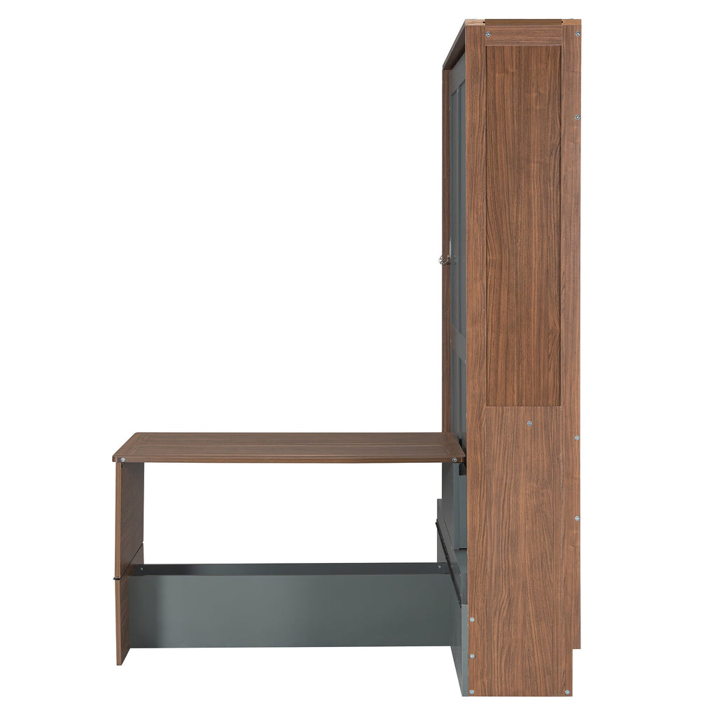 Full Size Murphy Bed with Foldable Desk – Space Saving Wall Bed - Walnut & Gray