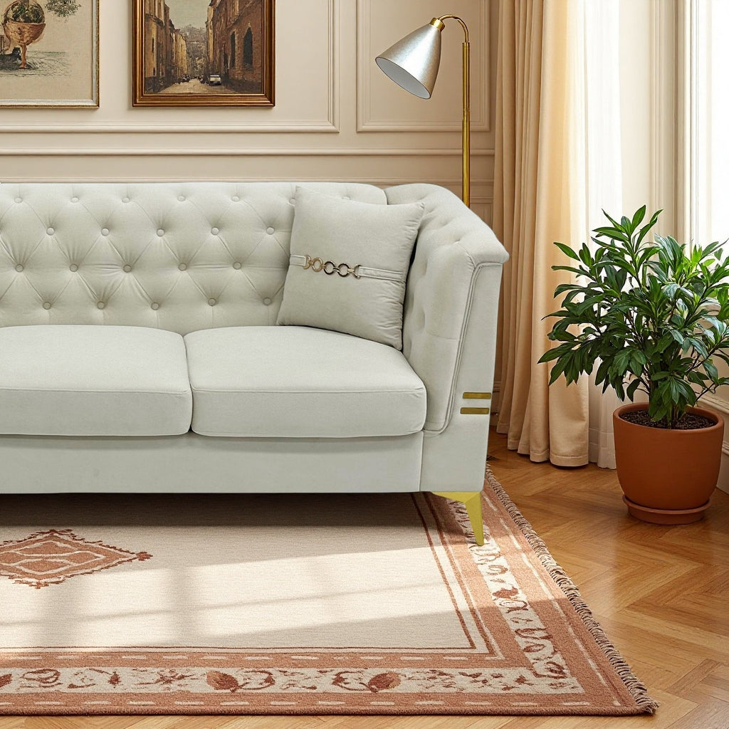 FX-P83-2PC SOFA -CW4  Modern Velvet Upholstered Sofa Set of 2, Cream White 3-Seater Sofas with Gold Metal Legs Contemporary Living Room Furniture for Family Homes, Apartments, and Lounge Spaces