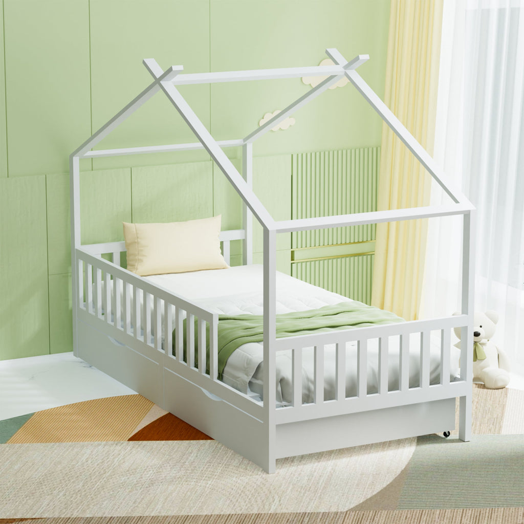 Full House Bed with 2 Storage Drawers, Kids Full Bed Frame with Rails and Roof, Tent Bed, Wooden Full Daybed, Full Montessori Bed for Kids Teens Girls & Boys, No Box Spring Needed (White)