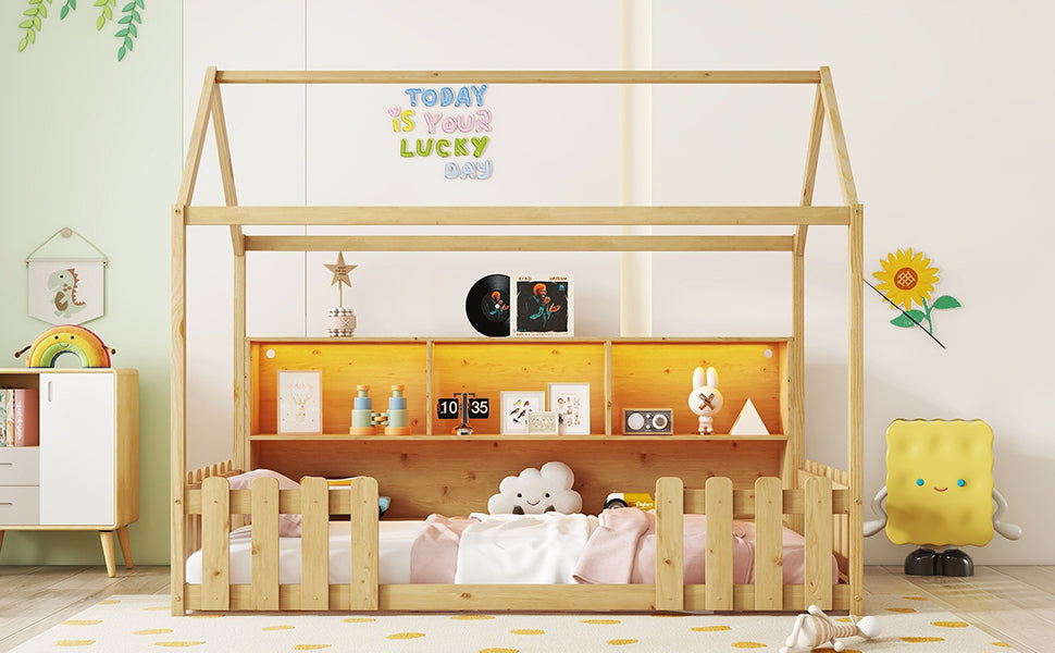 Twin Size House Bed with LED Light, Wood House Bed with Storage Bookshelf, Floor House Bed with Guardrails for Kids, Natural (Expect Arrival Date 2025/3/14)