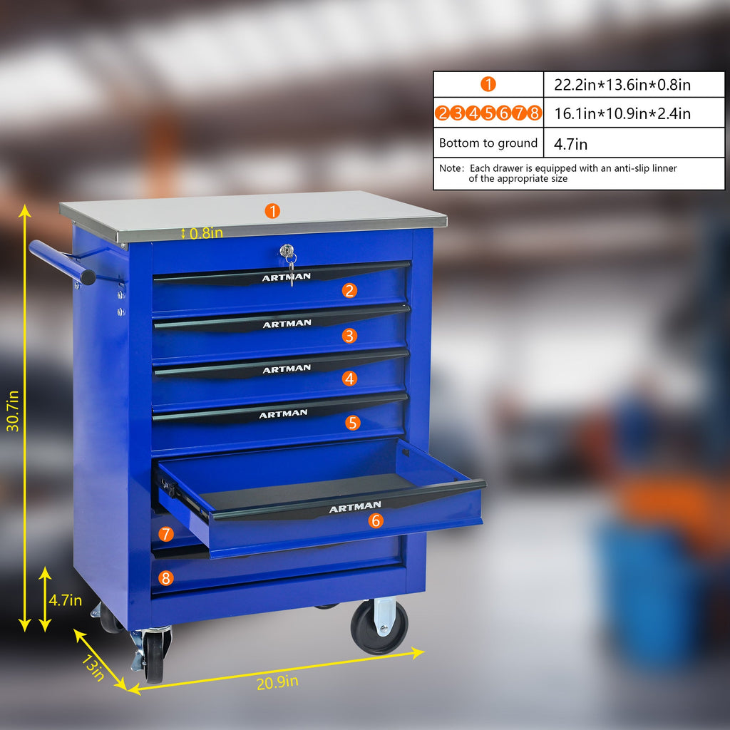 7 Drawers Multifunctional Tool Cart with Wheels,Metal Rolling Tool Cart Storage for Garage Workshop Warehouse Repair Shop--With Stainless Steel Roof- BLACK&BLUE