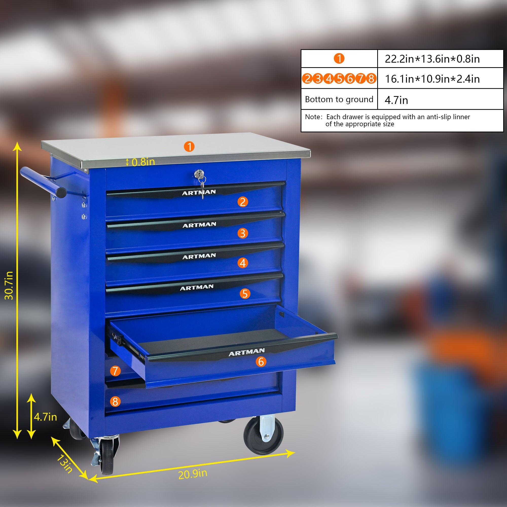 7 Drawers Multifunctional Tool Cart with Wheels,Metal Rolling Tool Cart Storage for Garage Workshop Warehouse Repair Shop--With Stainless Steel Roof- BLACK&BLUE