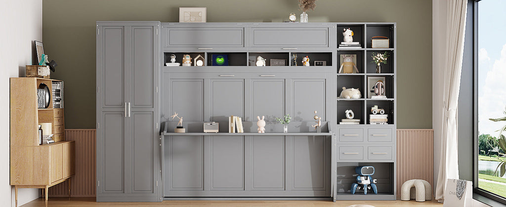 Queen Size Murphy Bed Wall Bed with Closet , Drawers and Shelves,Gray