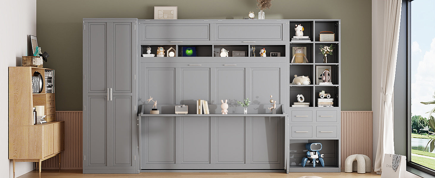 Queen Size Murphy Bed Wall Bed with Closet , Drawers and Shelves,Gray