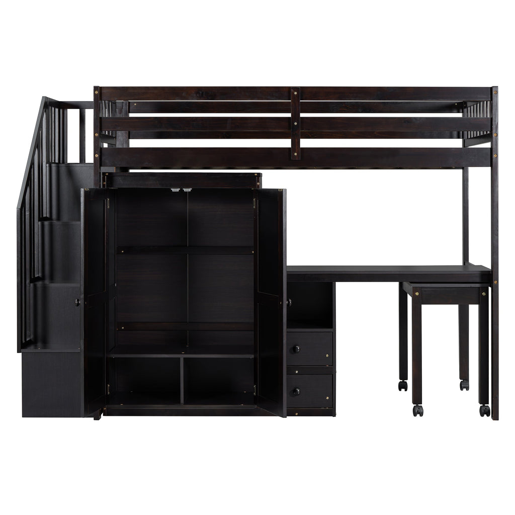 Twin Size Loft Bed with Stairs, Bookshelf, Drawers, Desk & Wardrobe – Space-Saving Multifunctional Furniture for Kids & Teens-Espresso