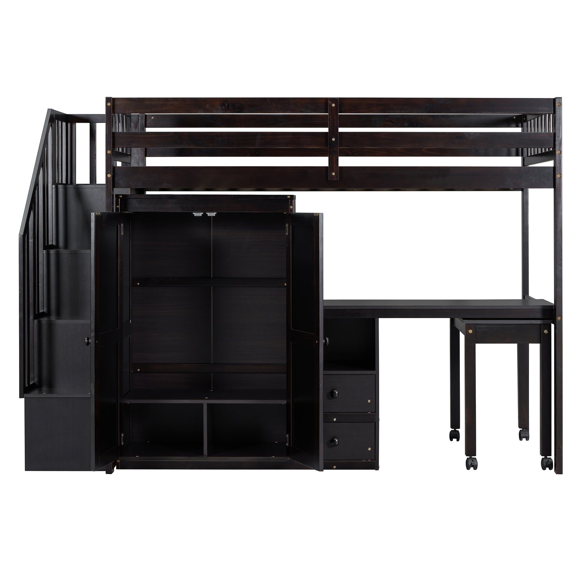 Twin Size Loft Bed with Stairs, Bookshelf, Drawers, Desk & Wardrobe – Space-Saving Multifunctional Furniture for Kids & Teens-Espresso