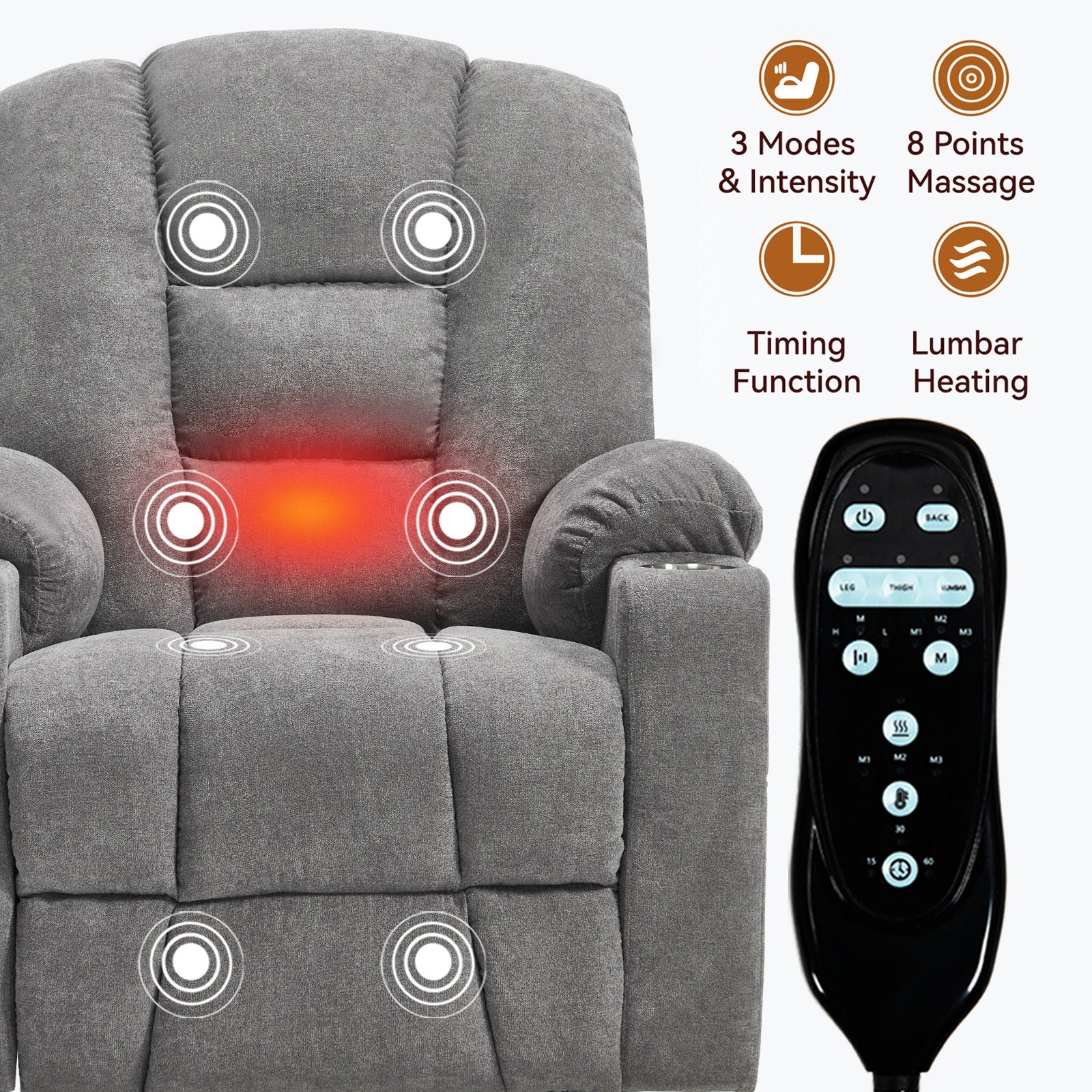Power Lift Recliner Chair with Massage and Heat for Elderly, Overstuffed Wide Recliners, Heavy Duty Motion Mechanism with USB and Type C Ports, 2 Steel Cup Holders, Light Grey