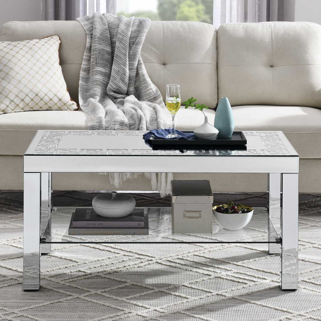 W 40 "X D 20" X H 20 "Curved border carved mirror coffee table: Silver mirror glass tabletop with sparkling diamond edge frame and crystal mirror legs, small coffee table for modern home sofa decorati
