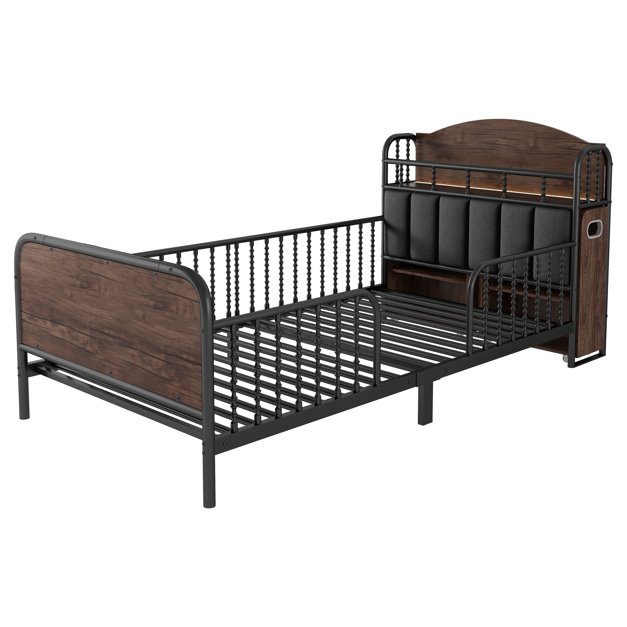 Twin Size Metal Platform Bed Frame with Light, Kids Twin Metal Bed with Upholstered and Pull Out Storage Shelves, Black (Expect Arrival Date 2025/10/5)