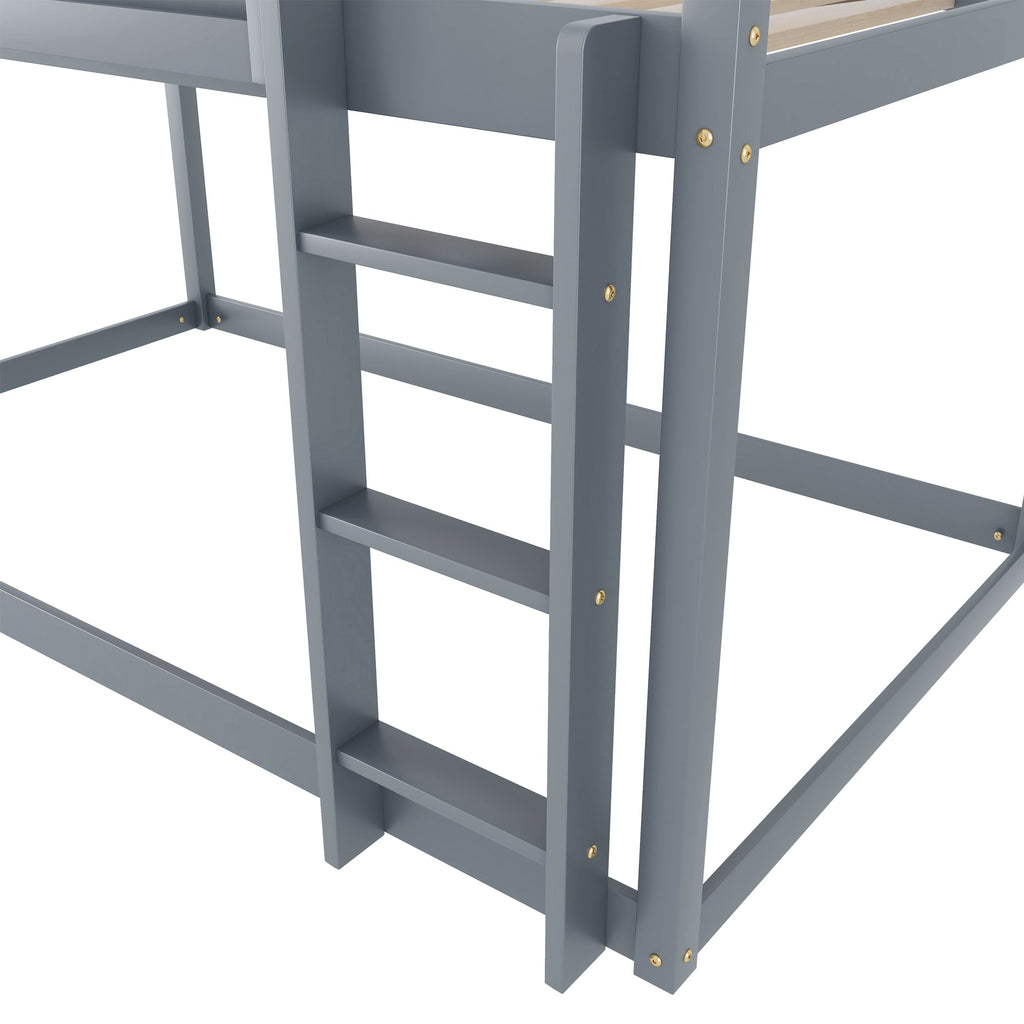 Low Twin Over Twin Bunk Bed, Floor Bunk Bed with Ladder, Solid Wood Twin Bunk Bed for Kids & Juniors, Grey(Expect Arrival Date 2025/11/25)
