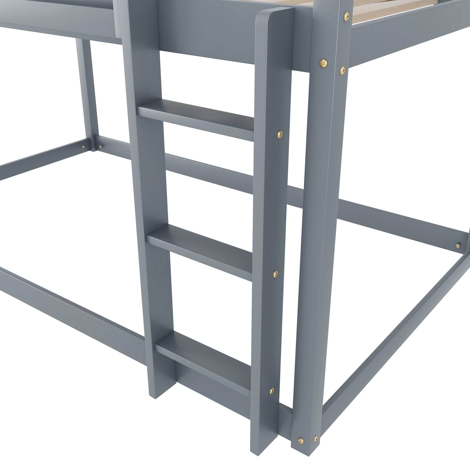 Low Twin Over Twin Bunk Bed, Floor Bunk Bed with Ladder, Solid Wood Twin Bunk Bed for Kids & Juniors, Grey(Expect Arrival Date 2025/11/25)