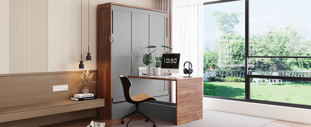 Full Size Murphy Bed with Foldable Desk – Space Saving Wall Bed - Walnut & Gray
