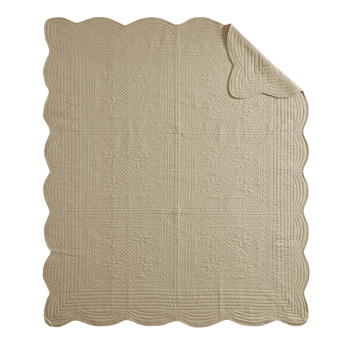 Oversized Quilted Throw with Scalloped Edges Khaki 60x72'