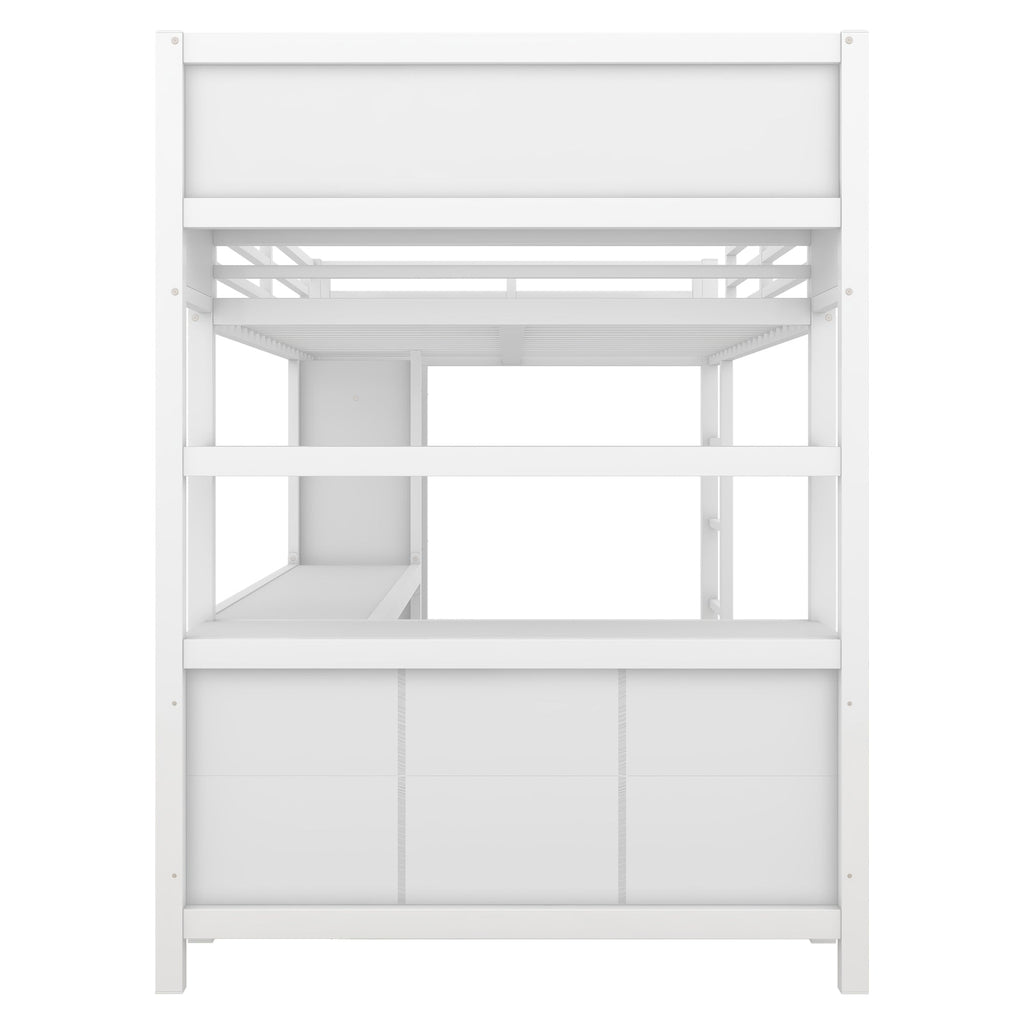 Metal Loft Bed with Wardrobe And L-shaped Desk, Full Size Loft Bed with Storage Cubes and Shelves, Heavy Duty Loft Bed for Kids Teens Adults, White