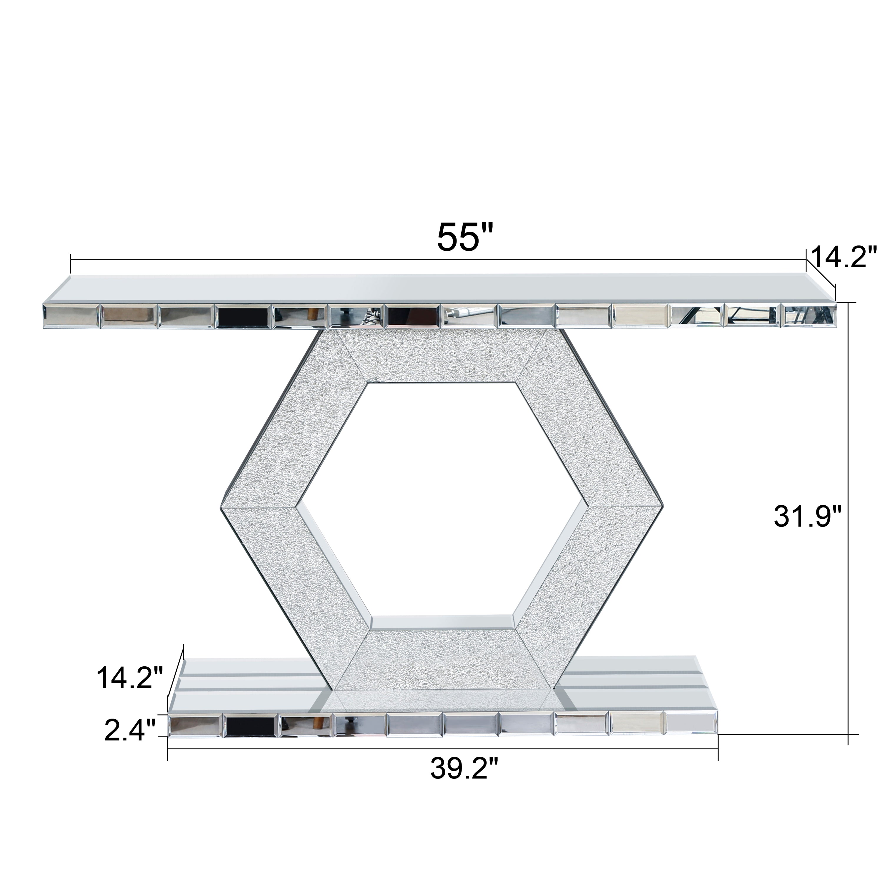 Sparkling Crystal Hexagon Mirror Entryway - Premium Modern Foyer Console Table with Diamond Glass Effects, Dual-Tier Luxury Sofa Table