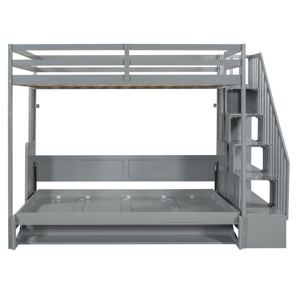 Full Over Full Size Murphy Bed with Hydraulic Lift & Desk Design, Gray