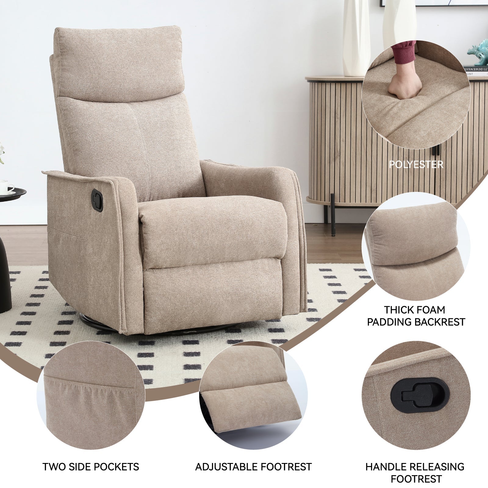 Heat Massage Manual Recliner Chair with Rocker and Swivel in Fabric for Living Room, Khaki
