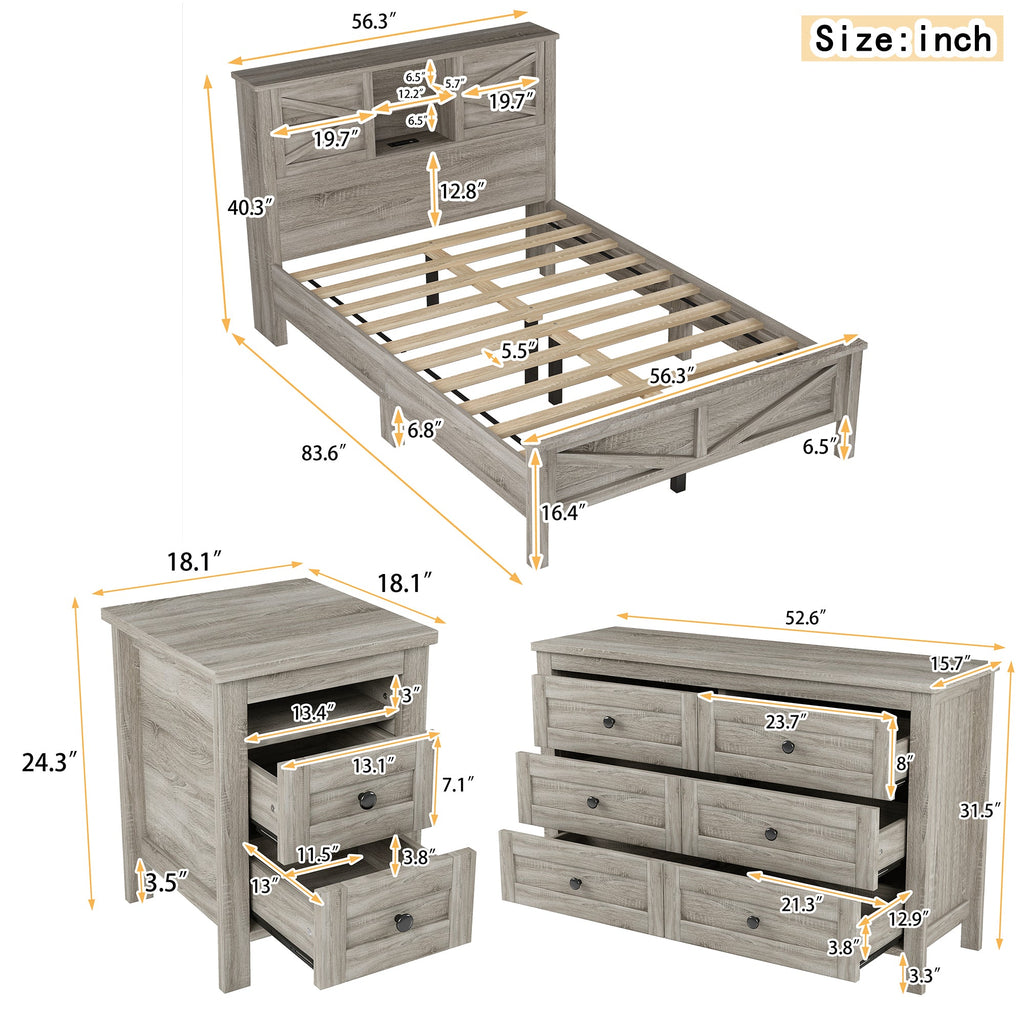 3-Pieces Bedroom Sets Full Size Farmhouse Platform Bed with Double Sliding Door Storage Headboard and Charging Station, Storage Nightstand and Dresser, Antique Gray(Old SKU HL000091AAG)
