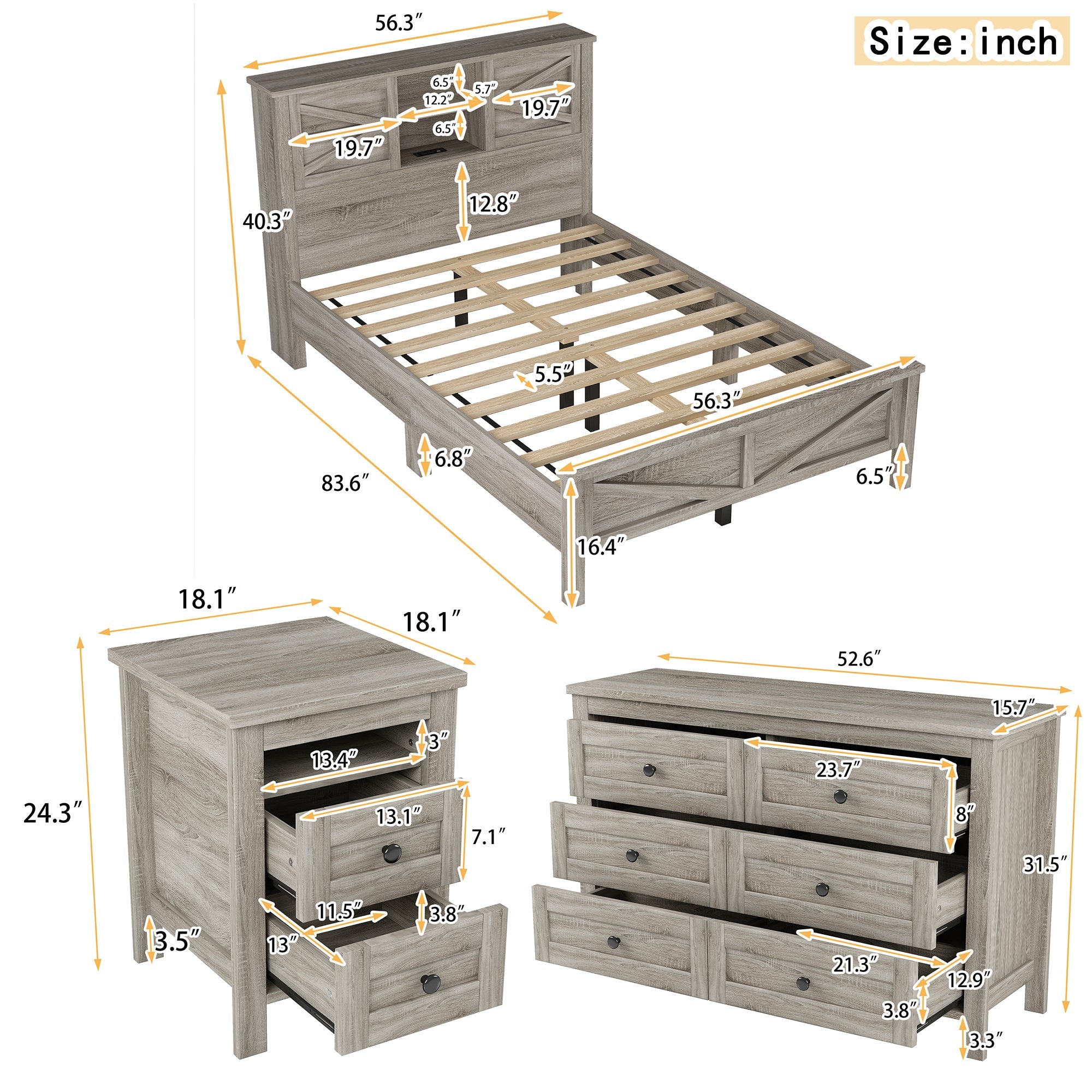 3-Pieces Bedroom Sets Full Size Farmhouse Platform Bed with Double Sliding Door Storage Headboard and Charging Station, Storage Nightstand and Dresser, Antique Gray(Old SKU HL000091AAG)