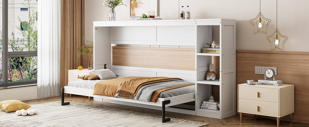 Twin Size Murphy Bed with Bookshelf, White