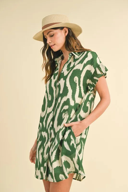 Annie Wear Abstract Printed Frill Sleeve Shirt Mini Dress