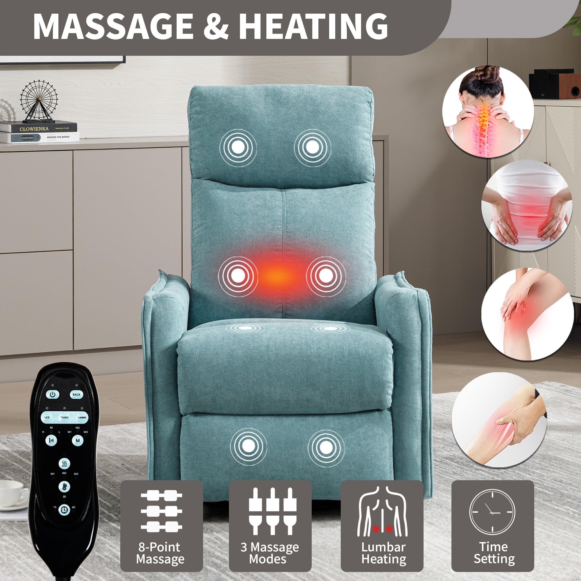 Heat Massage Manual Recliner Chair with Rocker and Swivel in Fabric for Living Room, Blue-Green